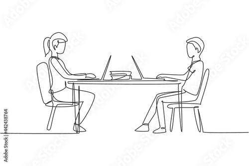 Single continuous line drawing boy and girl students studying with laptop and sitting on chairs around desk. Back to school  online education concept. One line draw graphic design vector illustration