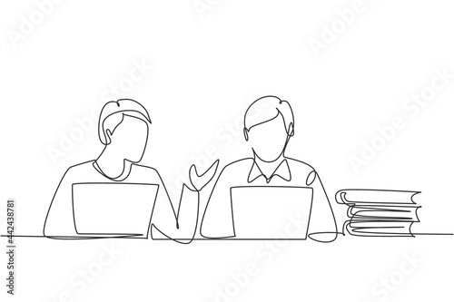 Single one line drawing two young man studying with laptop and pile of books. Back to school, smart students, online education concept. Modern continuous line draw design graphic vector illustration