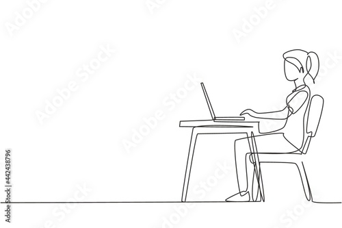 Continuous one line drawing young girl with laptop sitting on chair around desk. Freelance, distance learning, online courses, and studying concept. Single line draw design vector graphic illustration