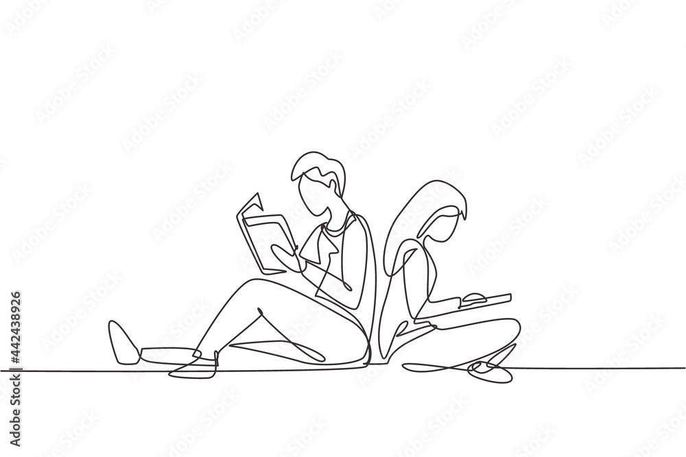 Single continuous line drawing couple students reading together, learning and sitting at park. Literature fans or lovers, education concept. Dynamic one line draw graphic design vector illustration