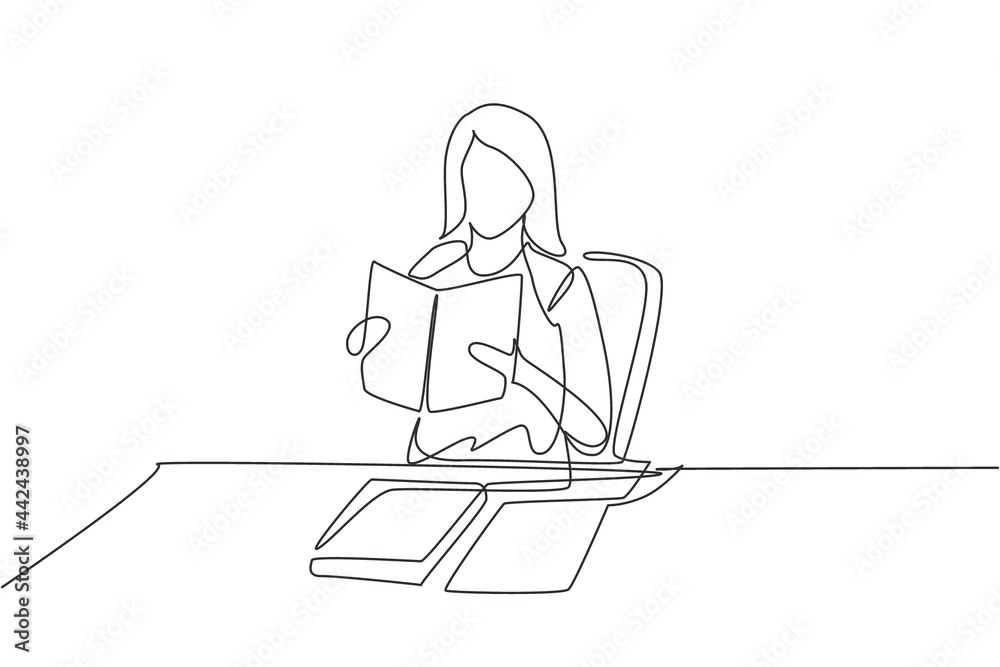 Continuous one line drawing woman reading, learning and sitting on chair around table. Study in library. Intelligent student, education concept. Single line draw design vector graphic illustration Continuous one line drawing woman reading, learning and sitting on chair around table. Study in library. Intelligent student, education concept. Single line draw design vector graphic illustration