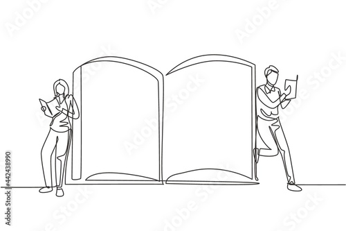 Single one line drawing students woman and man reading, learning and standing beside open huge book. Literature lovers, education concept, fair. Continuous line draw design graphic vector illustration