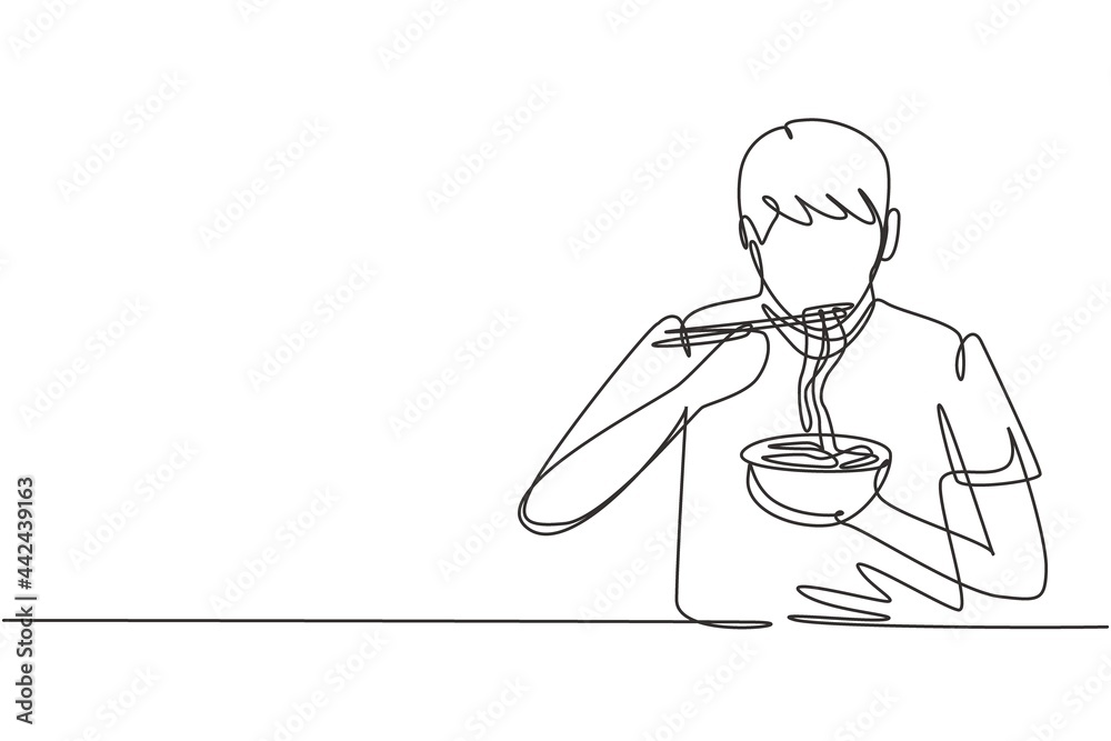 Single continuous line drawing young man having noodles meal with chopsticks around table. Enjoy lunch when hungry. Delicious and healthy food. Dynamic one line draw graphic design vector illustration