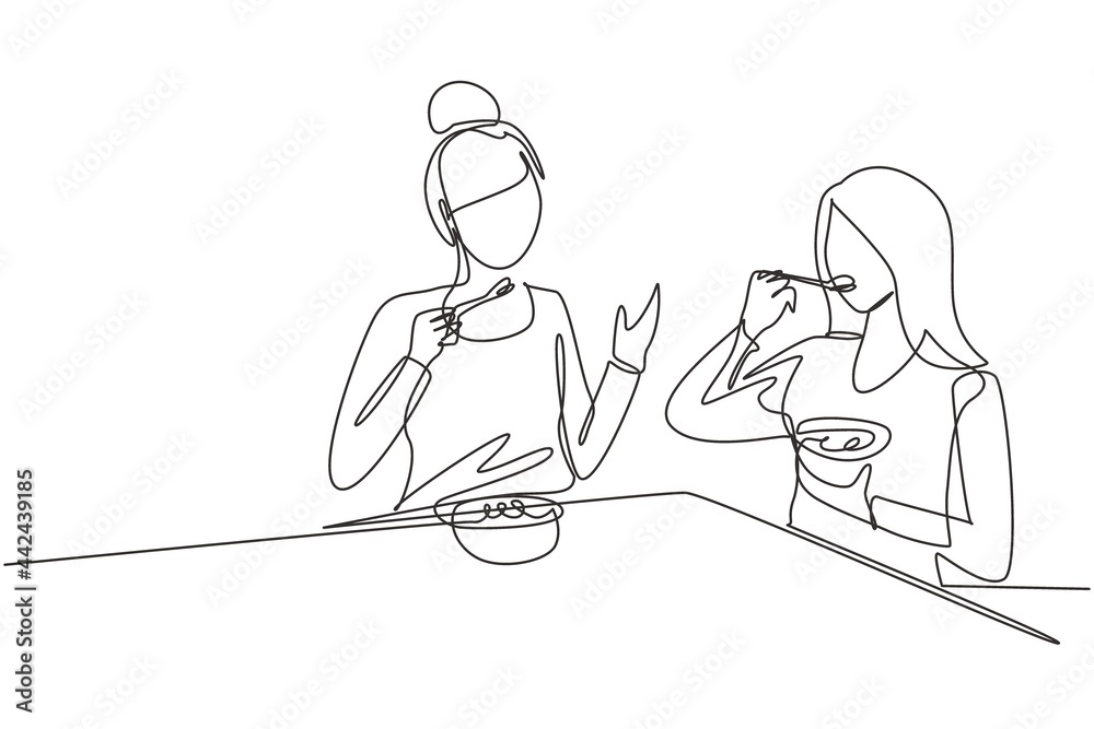 Single continuous line drawing mom and daughter having cereal meal together around table. Happy and enjoy breakfast at home. Tasty and healthy food. One line draw graphic design vector illustration