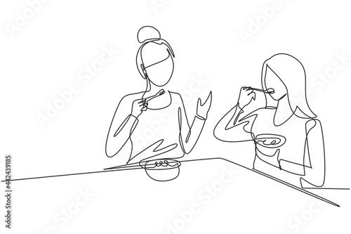 Single continuous line drawing mom and daughter having cereal meal together around table. Happy and enjoy breakfast at home. Tasty and healthy food. One line draw graphic design vector illustration