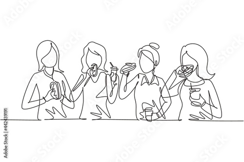 Continuous one line drawing friends eating fast food meal in restaurant. Group of happy women sitting, talking, dinner, burgers and drinking soda. Single line draw design vector graphic illustration