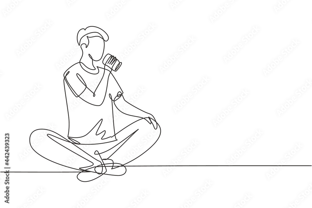 Single continuous line drawing young man sitting while enjoying a soft drink to refreshing and relaxing body. Attractive teenager concept. Dynamic one line draw graphic design vector illustration Single continuous line drawing young man sitting while enjoying a soft drink to refreshing and relaxing body. Attractive teenager concept. Dynamic one line draw graphic design vector illustration