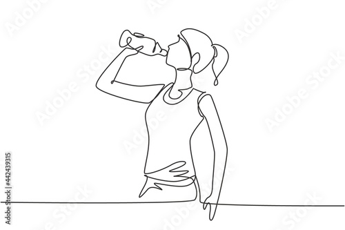 Continuous one line drawing young beautiful woman drinking fresh water from a bottle with her right hand after fitness. Healthy lifestyles concept. Single line draw design vector graphic illustration