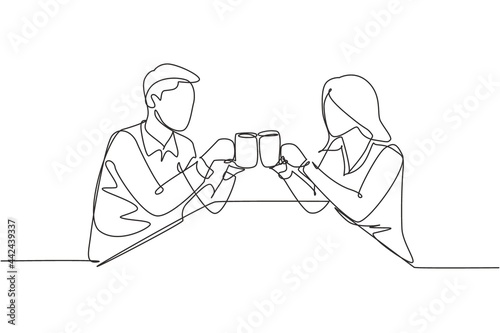 Continuous one line drawing young couple sitting, holding cups filled with drinks and toast to celebrate wedding anniversary. Happy family concept. Single line draw design vector graphic illustration