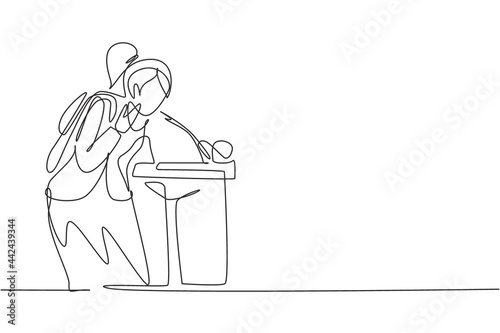 Single continuous line drawing a young woman who is thirsty drinking at the ready-to-drink taps that are widely available in public spaces. Dynamic one line draw graphic design vector illustration