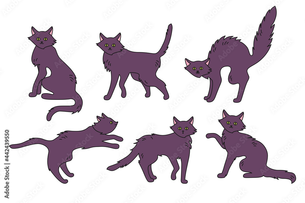 Cat black doodle Halloween set. Active poses healthy cartoon kitten, cute or scary, angry wicked thin cats collection. Funny playing character pet wild kitty design. Vector flat horror illustration