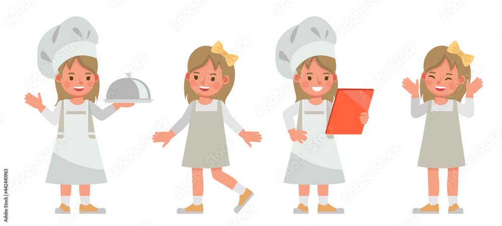 Set of children character vector design. Girl wear grey dress. Presentation in various action with emotions. kids cooking food. Set of children character vector design. Girl wear grey dress. Presentation in various action with emotions. kids cooking food.