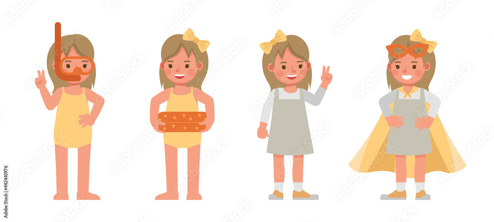 Fototapeta premium Set of children character vector design. Girl wear grey dress. Presentation in various action with emotions. kids doing activity.