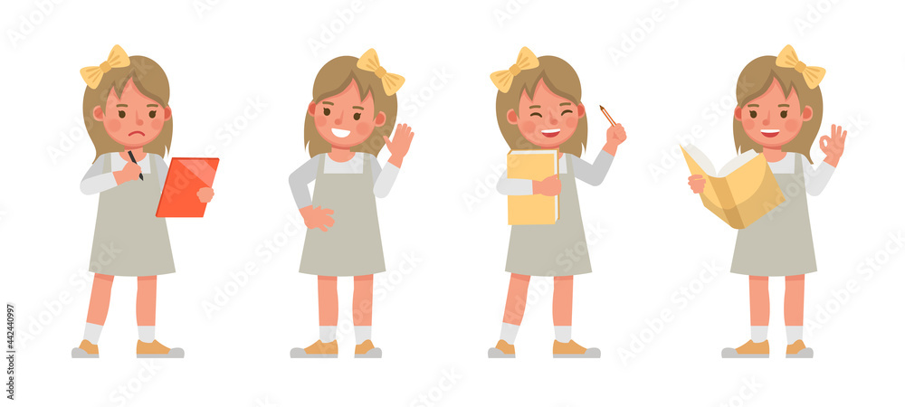 Set of children character vector design. Girl wear grey dress. Presentation in various action with emotions. kids reading and hold a book. Set of children character vector design. Girl wear grey dress. Presentation in various action with emotions. kids reading and hold a book.
