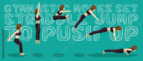 Gymnastic Moves Set Straddle Jump to Push Up Manga Cartoon Vector Illustration