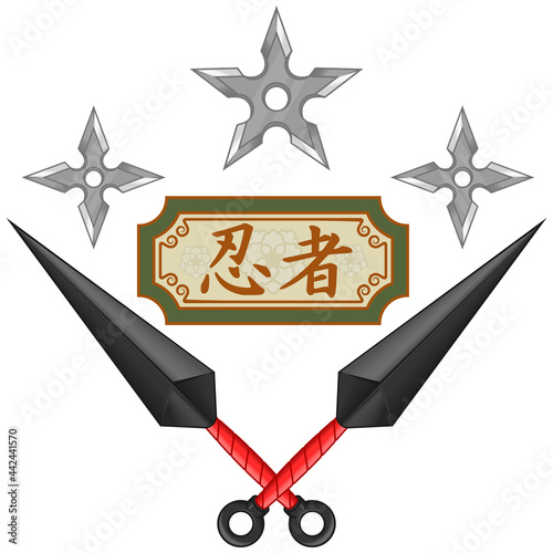 Vector design of kunai ninja weapons with shuriken, elements of Japanese culture and folklore