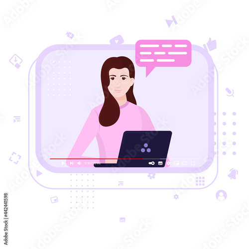 Vector design of video tutorial, Online video playback, communicator in Online course, video website interface with female influencer with her laptop