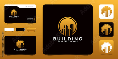 silhouette building logo with circle and business card inspiration