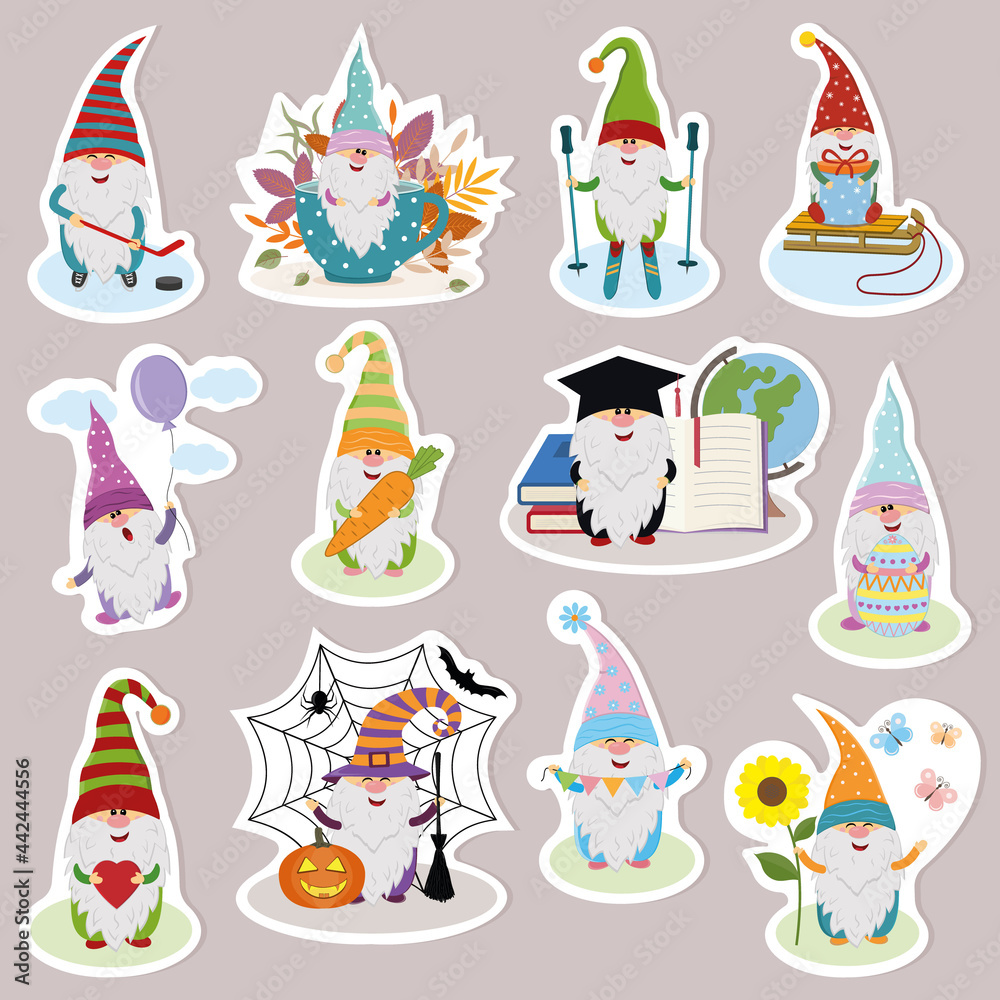 set of stickers with funny cute dwarves, vector illustration, cartoon style set of stickers with funny cute dwarves, vector illustration, cartoon style