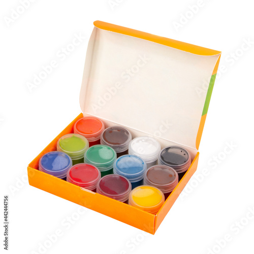 Multicolor gouache paint box isolated on the white background