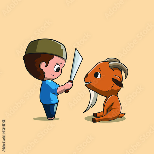boy watching goat for slaughter in Eid al-Adha vector icon illustration
