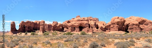 A Beautiful Panoramic of the Desert Rock Formations in Arches National Park Near Moab  Utah  