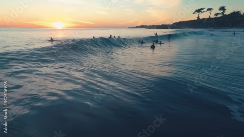 Aerial: Surfers catching calm waves in the ocean during sunset. Santa Cruz, California, USA