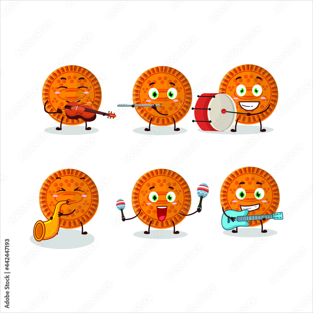 Cartoon character of orange biscuit playing some musical instruments. Vector illustration Cartoon character of orange biscuit playing some musical instruments. Vector illustration