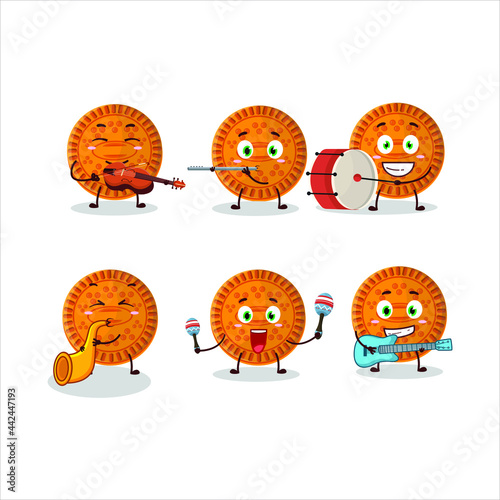 Cartoon character of orange biscuit playing some musical instruments. Vector illustration