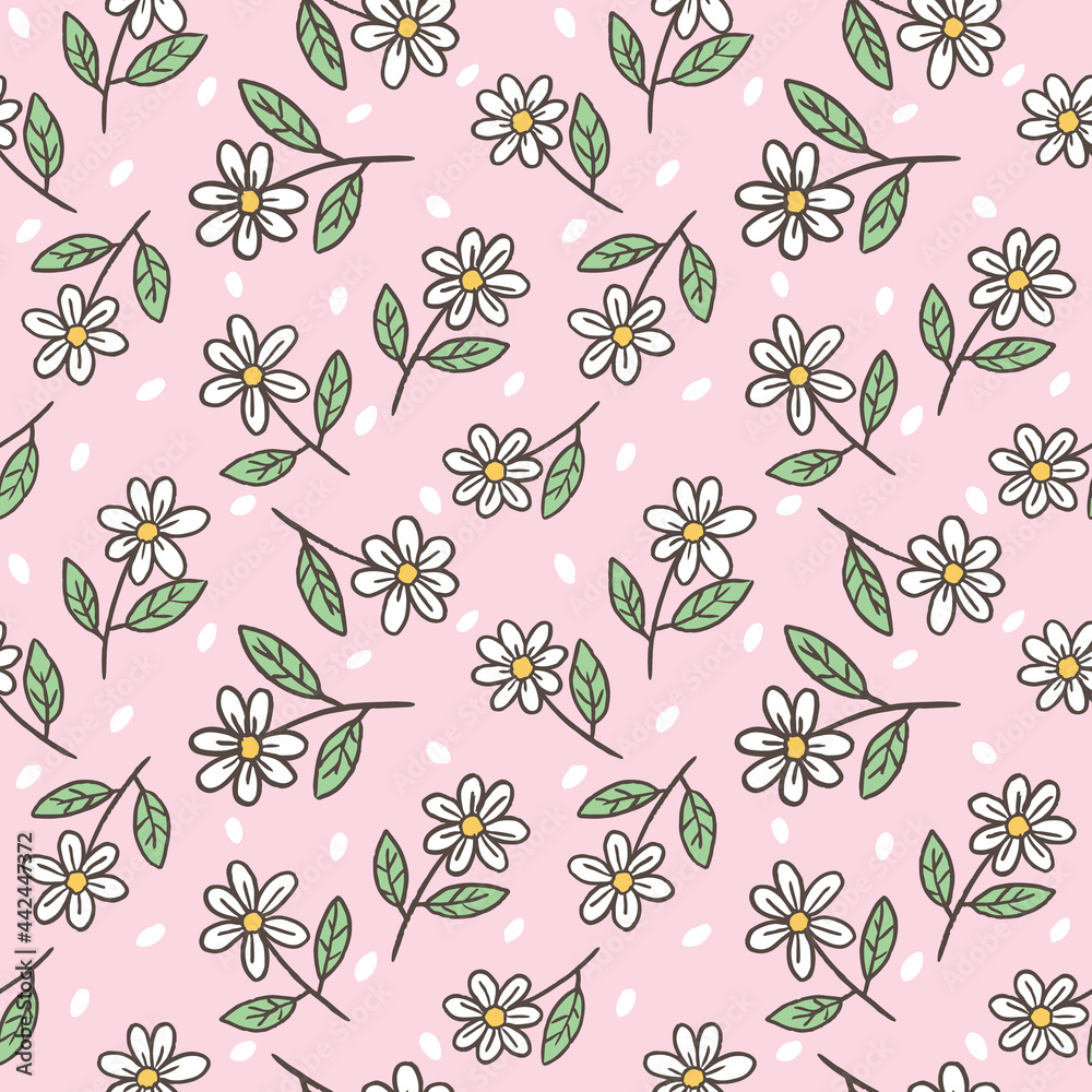 Seamless Pattern of Hand Drawn Flower Art Design on Pink Background