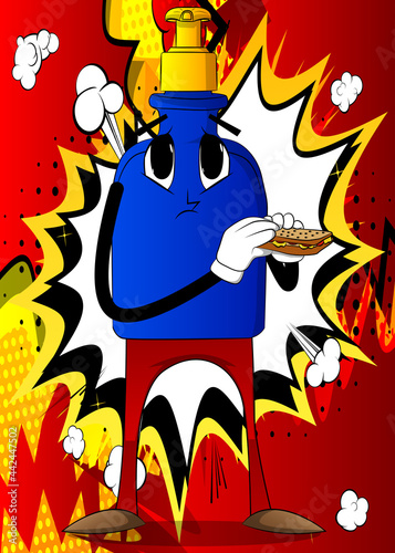 Cartoon bottle of hand sanitizer gel for hygiene with face eating a sandwich.