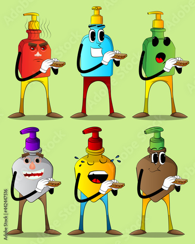 Cartoon bottle of hand sanitizer gel for hygiene with face eating a sandwich.