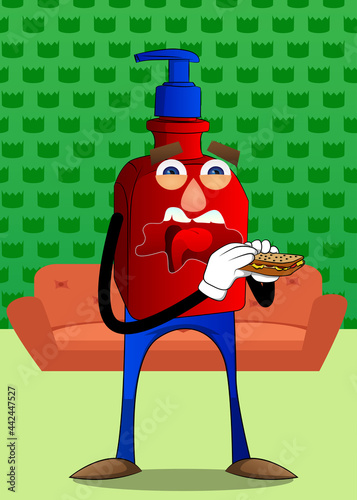 Cartoon bottle of hand sanitizer gel for hygiene with face eating a sandwich.