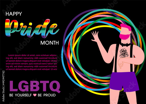 Closeup Gay or homosexual in cartoon character on 8 line colors of Pride flag (symbols of LGBT rights) with wording about LGBT rights campaign and example texts on black background.