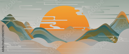 Mountain and sun golden line arts background vector. Oriental Luxury landscape background design with watercolor brush and gold line texture. Wallpaper design, Wall art for home decor and print