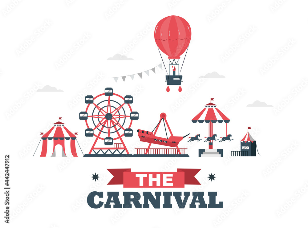Carnival circus day with various games and hot air balloons Stock ...