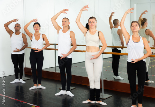 Group of multiethnic dancers standing with one hand on barre and reaching over hand .in bright fitness room