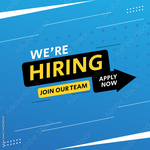 We are hiring recruitment social media post design. Badge job vacancy template on blue background. Modern vector illustration arrow concept