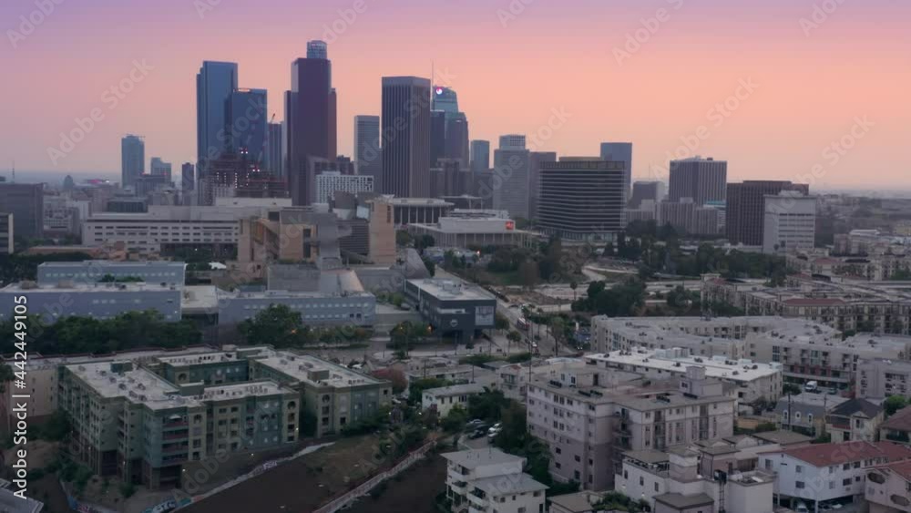 Aerial: Freeway traffic and downtown Los Angeles at sunset, California, USA Aerial: Freeway traffic and downtown Los Angeles at sunset, California, USA