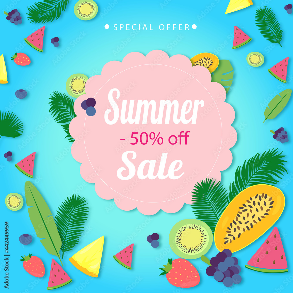 bright colorful fruit summer flyer on blue background