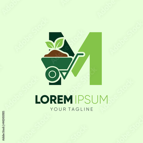 Initial Letter M Wheelbarrow Gardening Logo Design Vector Graphic Icon Emblem Illustration