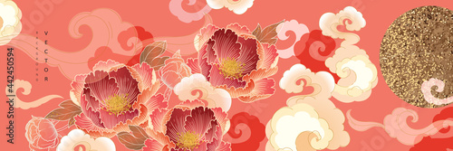 Asian background ,Oriental Chinese and Japanese style abstract pattern background design with peony flower decorate in water color texture