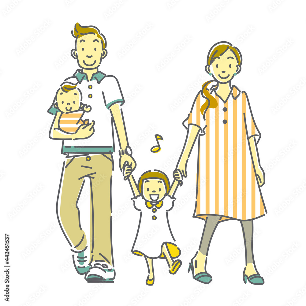 仲良し四人家族のお散歩イラスト Stock Illustration Adobe Stock