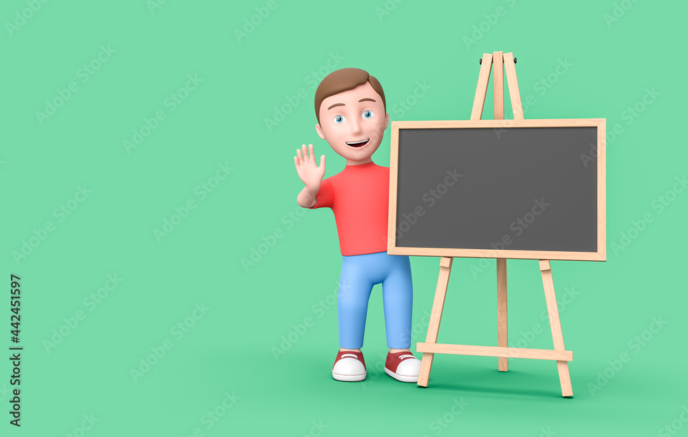 Young Kid 3D Cartoon Character with Blank Blackboard on Green with Copy Space Young Kid 3D Cartoon Character with Blank Blackboard on Green with Copy Space