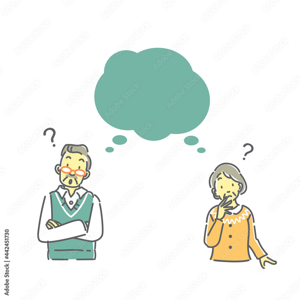 腕組みをして考えるシニア夫婦のイラスト　シンプル線画