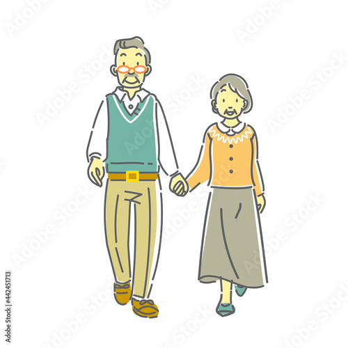 仲良しシニア夫婦のお散歩イラスト