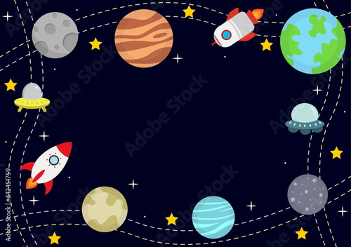 Fototapeta Naklejka Na Ścianę i Meble -  Astronaut With Rocket Background Illustration For Explore In Outer Space And Movement See Stars, Moon, Planets, Ufo Or Asteroids