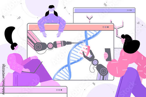 scientists controlling robotic hands working with DNA structure researchers making experiment in lab DNA testing