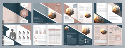 Corporate business presentation guide brochure template, Annual report, 16 page minimalist flat geometric business brochure design template, A4 size.
