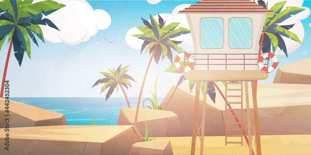 Obraz premium Beach rescue post. Beach, palm trees, lifebuoy. Cartoon style, vector illustration.